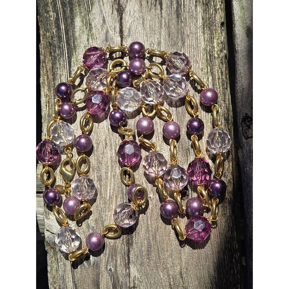 Vintage KJL Kenneth Jay Lane Violet/Clear Glass Beads & Pearl Long 44' Necklace - Picture 4 of 10